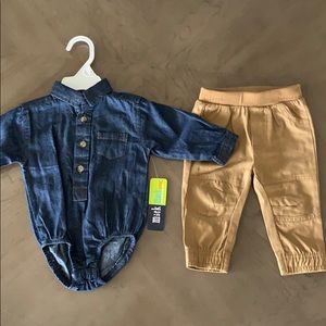 Two piece set denim button up top and tan khaki’s